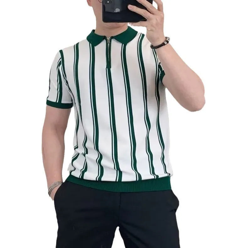Men's black and white Korean-style vintage stripe t-shirt with front zipper detail in loose fit half-sleeve design