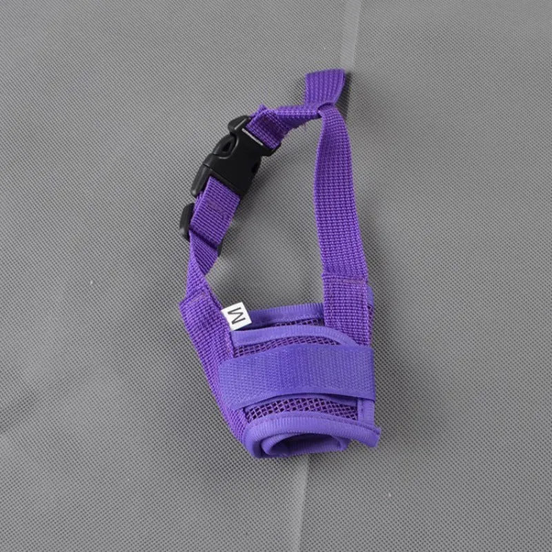 Adjustable plastic dog muzzle in various colours showing snout coverage and head strap attachment