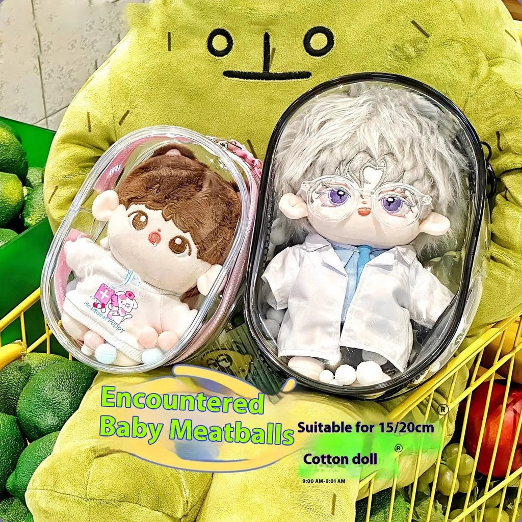 Transparent PVC storage bag for cotton dolls in cartoon backpack style with keychain