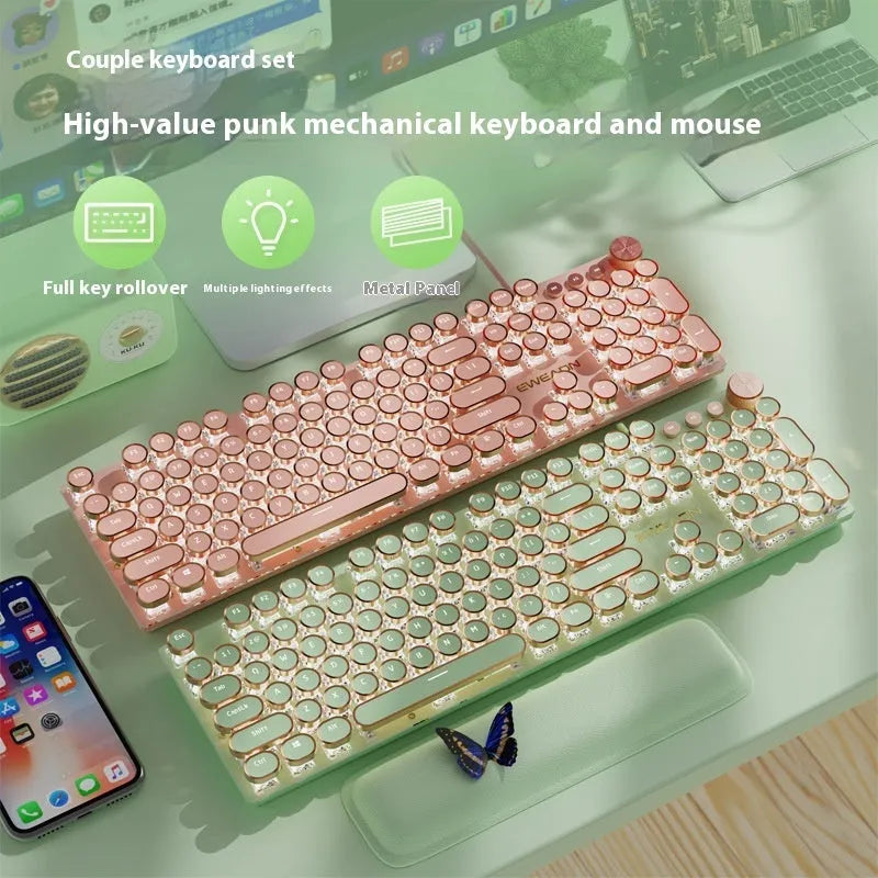 Matcha green mechanical gaming keyboard with white backlighting, aluminium panel, and multifunction knob on desk