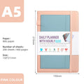 PU leather notebook with strap closure, shown open on 80g wood-free paper, available in purple, green, gray, black, pink, and orange.