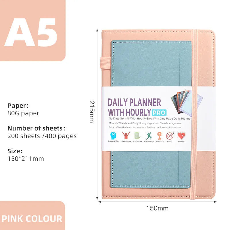 PU leather notebook with strap closure, shown open on 80g wood-free paper, available in purple, green, gray, black, pink, and orange.