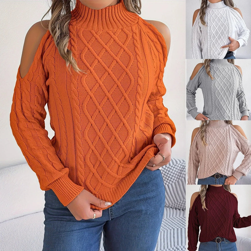 Gray women's acrylic sweater with a twist detail, strapless half-high collar, and long lantern sleeves.