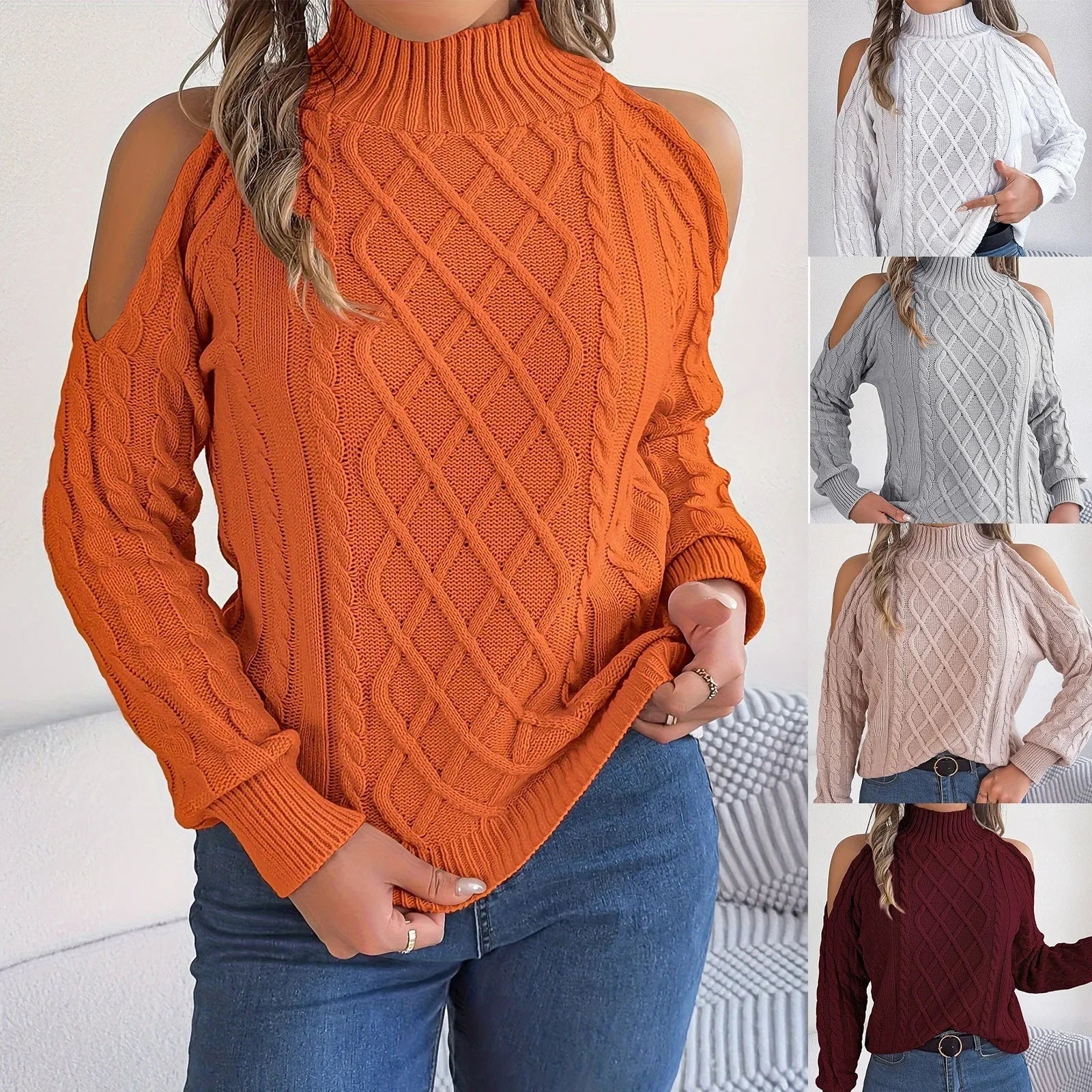 Gray women's acrylic sweater with a twist detail, strapless half-high collar, and long lantern sleeves.