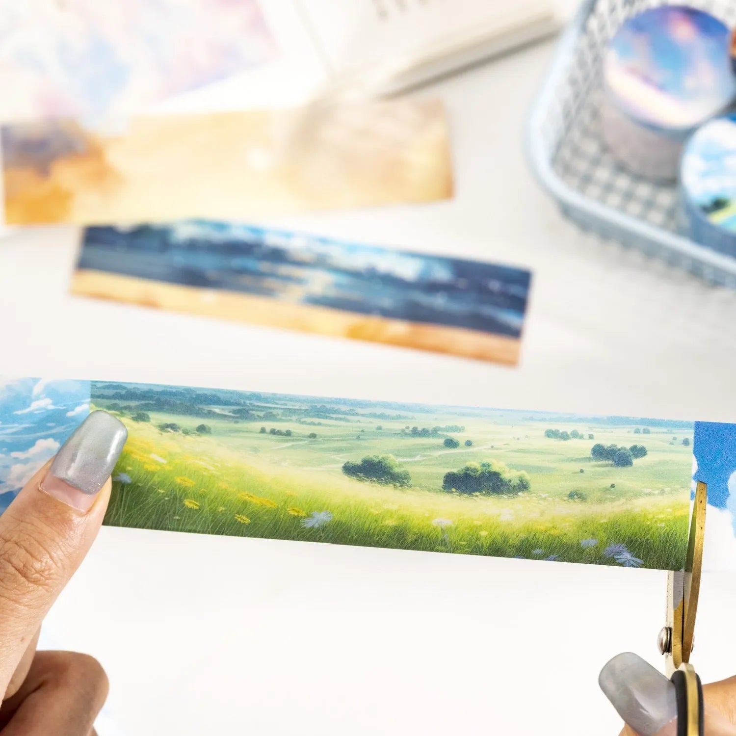 Roll of Japanese paper washi tape with sky theme patterns, showing 30mm width and 2m length.