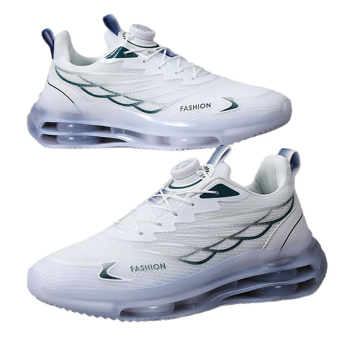 White youth sports shoes with rotating button fastening and mesh upper