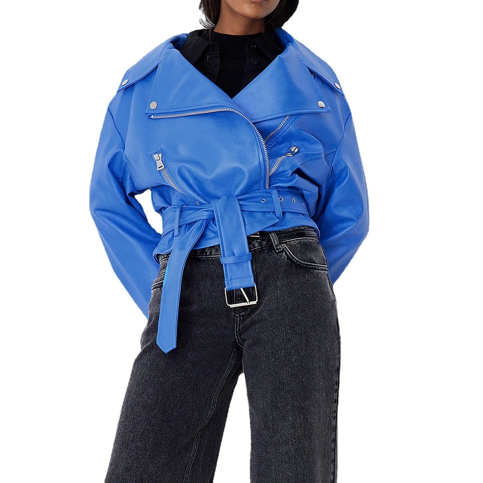 Punk locomotive style leather jacket with Peter Pan collar in black, blue, or green