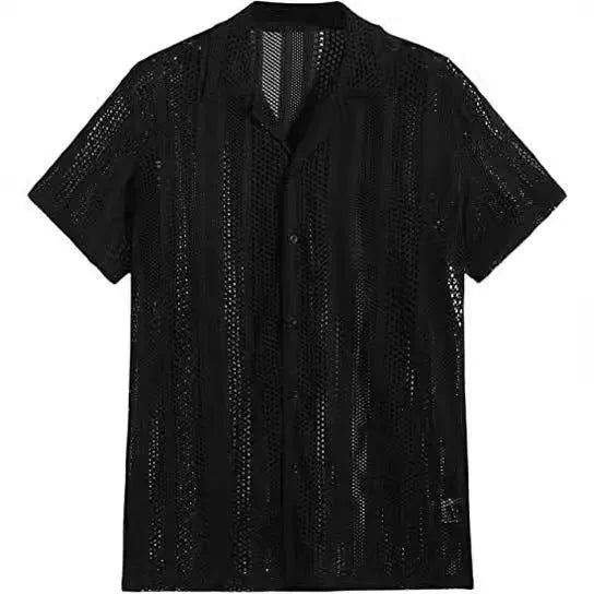 Men's white knitted short-sleeved shirt with button front and jacquard craft street fashion styling