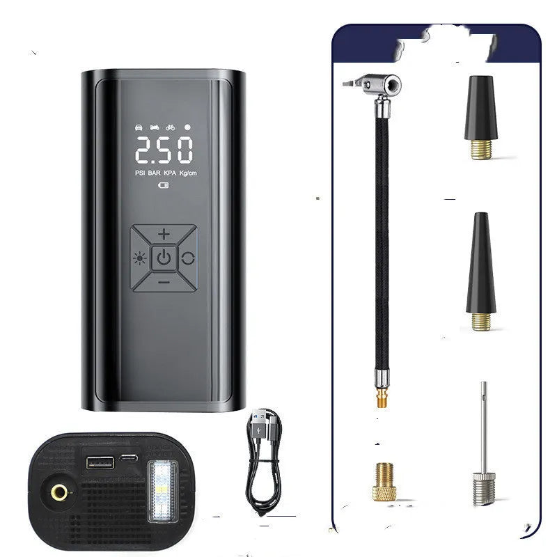 Portable wireless digital display car tire pump with power bank functionality and recoil hose