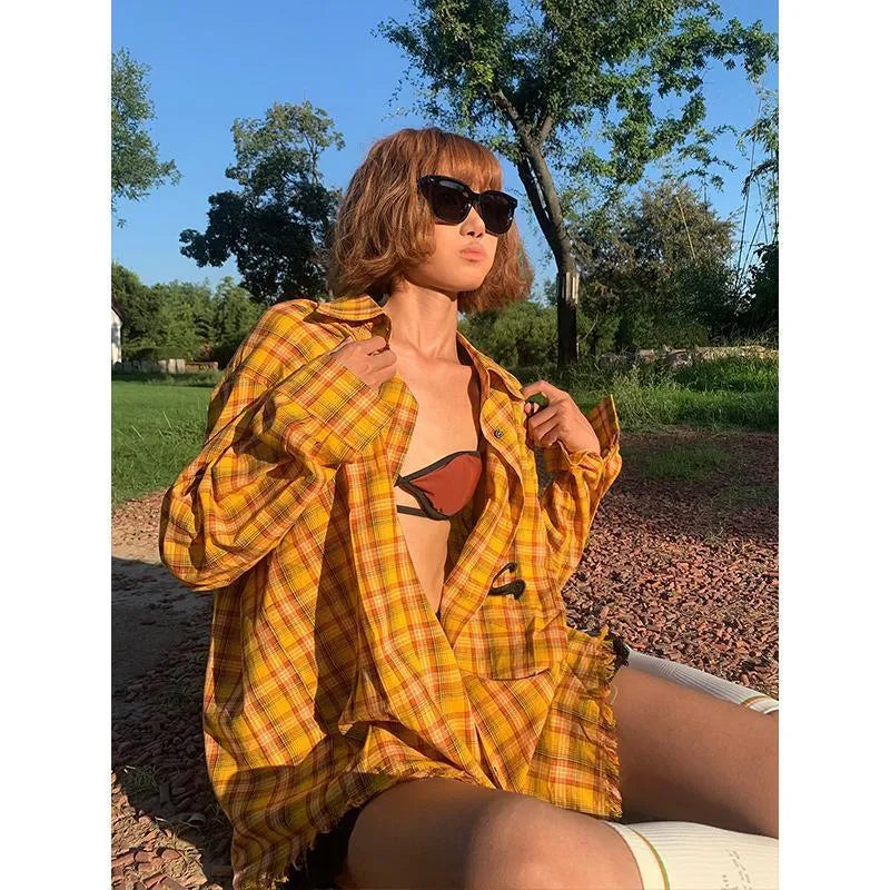 Dopamine yellow plaid shirt in loose fit cardigan style with polyester blend fabric