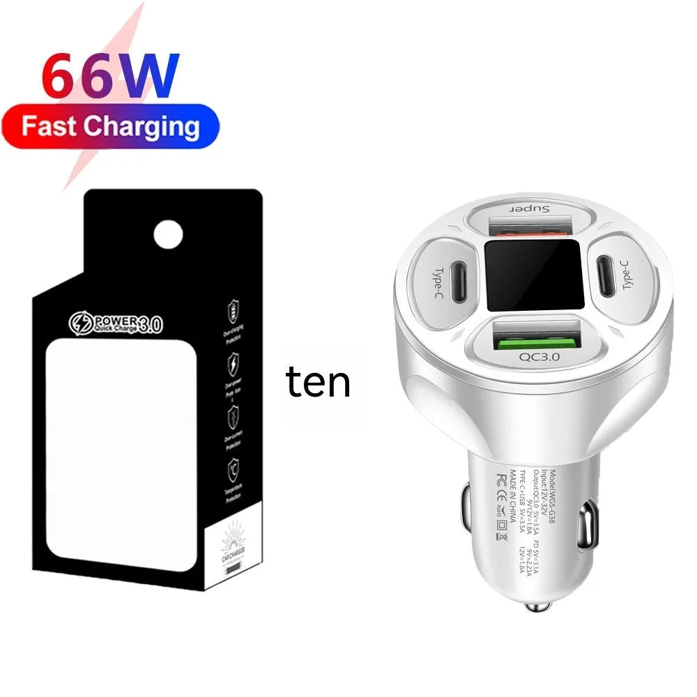 66W digital display car charger with four ports showing voltage readout
