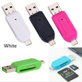 White OTG card reader with micro USB connector for Android phones and computers with SD and TF card slots
