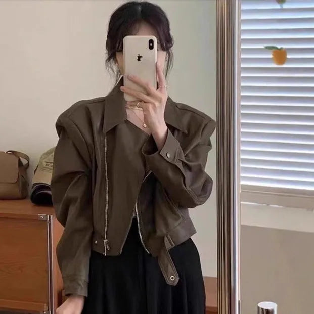 Women's brown retro leather coat jacket with slim fit and pocket detailing