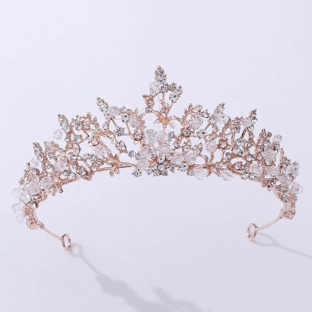 Handmade white crystal crown on alloy base in KC gold finish, 15cm by 5.6cm