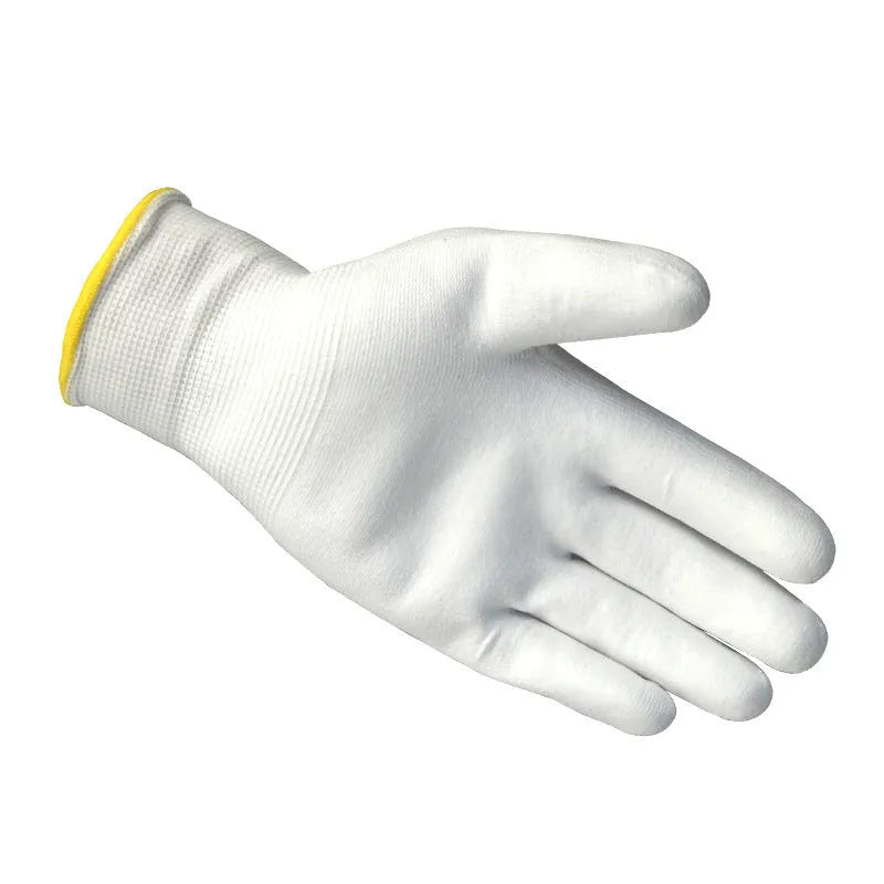 White PU coated work gloves showing textured grip, with size tags for L and M.