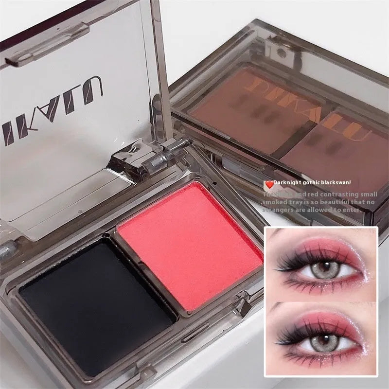 Two-tone eyeshadow palette showing five colour combinations including pink and black shades