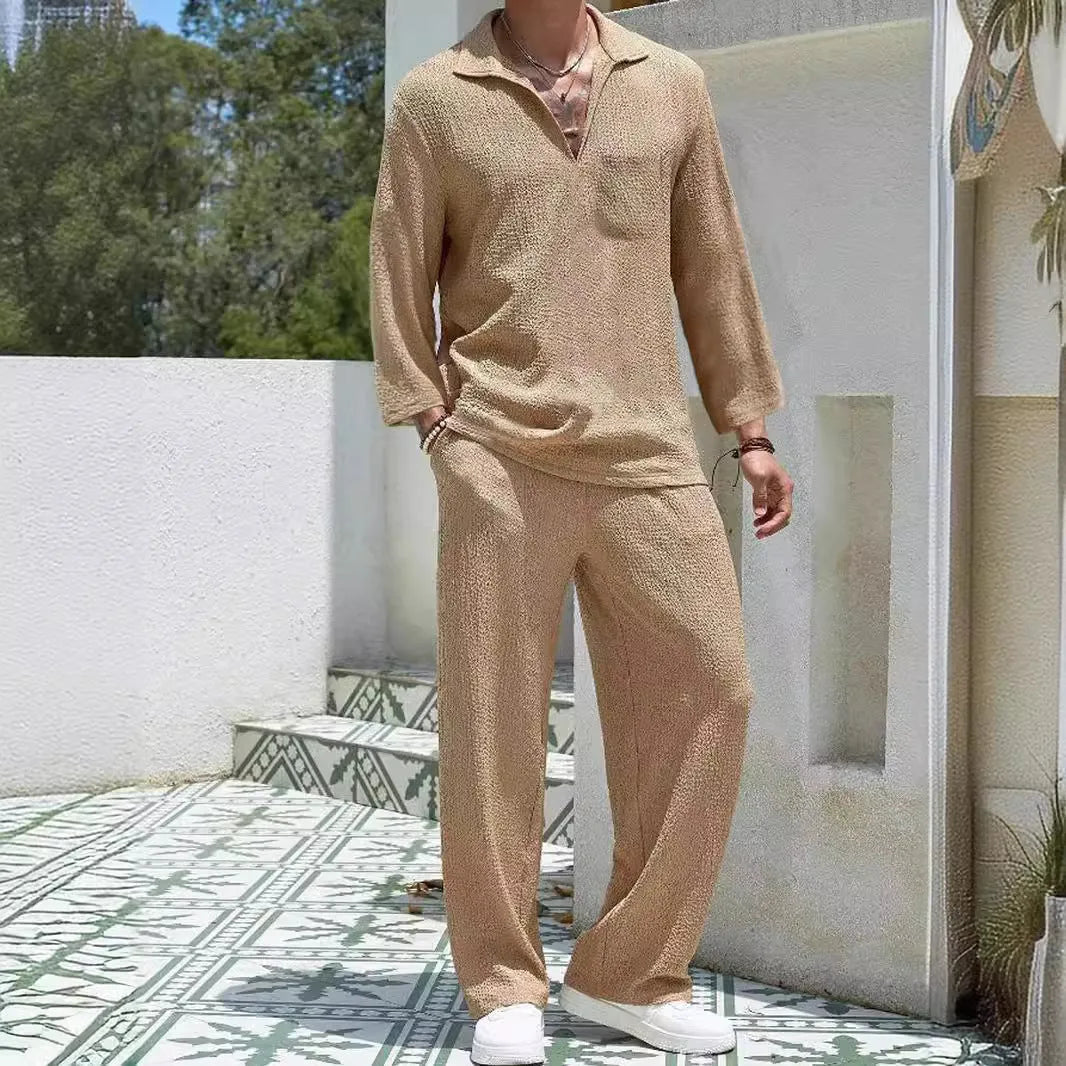 Men's casual shirt and trousers commuter suit set in polyester, shown in lake blue colour