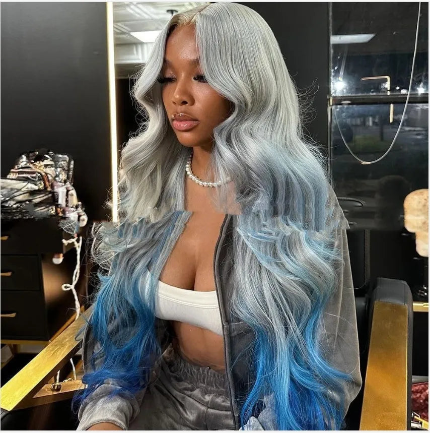 Gray blue ombre human hair lace front wig on a model, showing gradient colour and natural hairline.