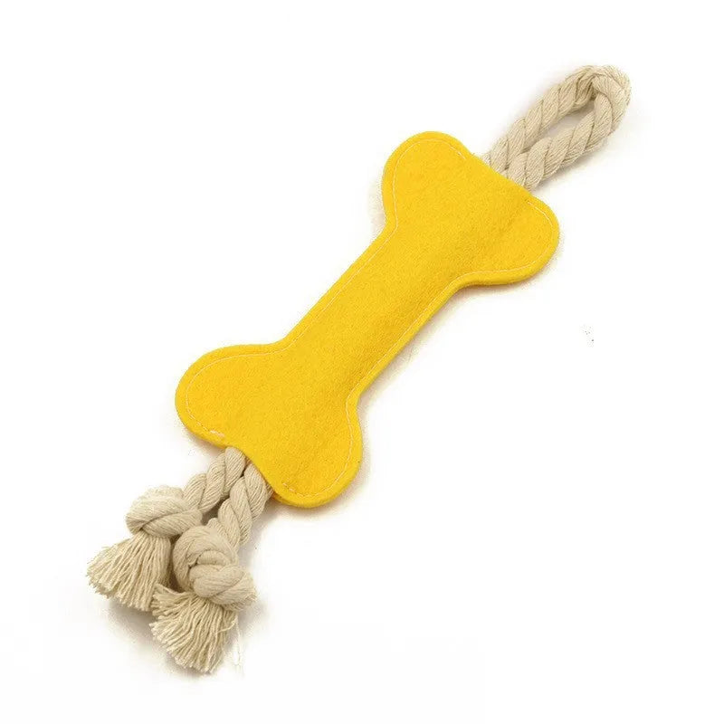 Bone-shaped dog chew toy in felt fabric with rope detailing, shown in various colours