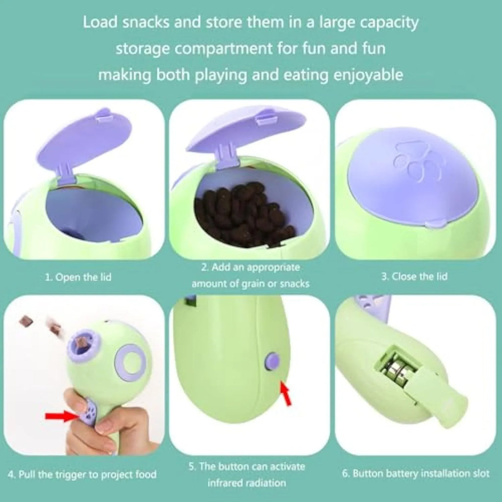 Green, orange, and pink dog treat launcher toy for interactive feeding and training