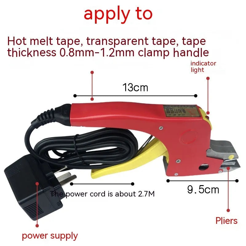 Electric hot melt packing machine with plastic steel tensioner and yellow packaging tape for warehouse packing