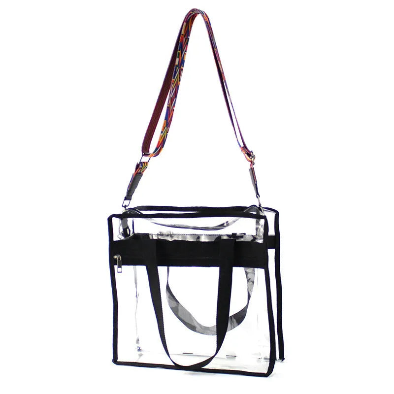 Women's transparent PVC shoulder messenger bag with double connector straps in horizontal square shape