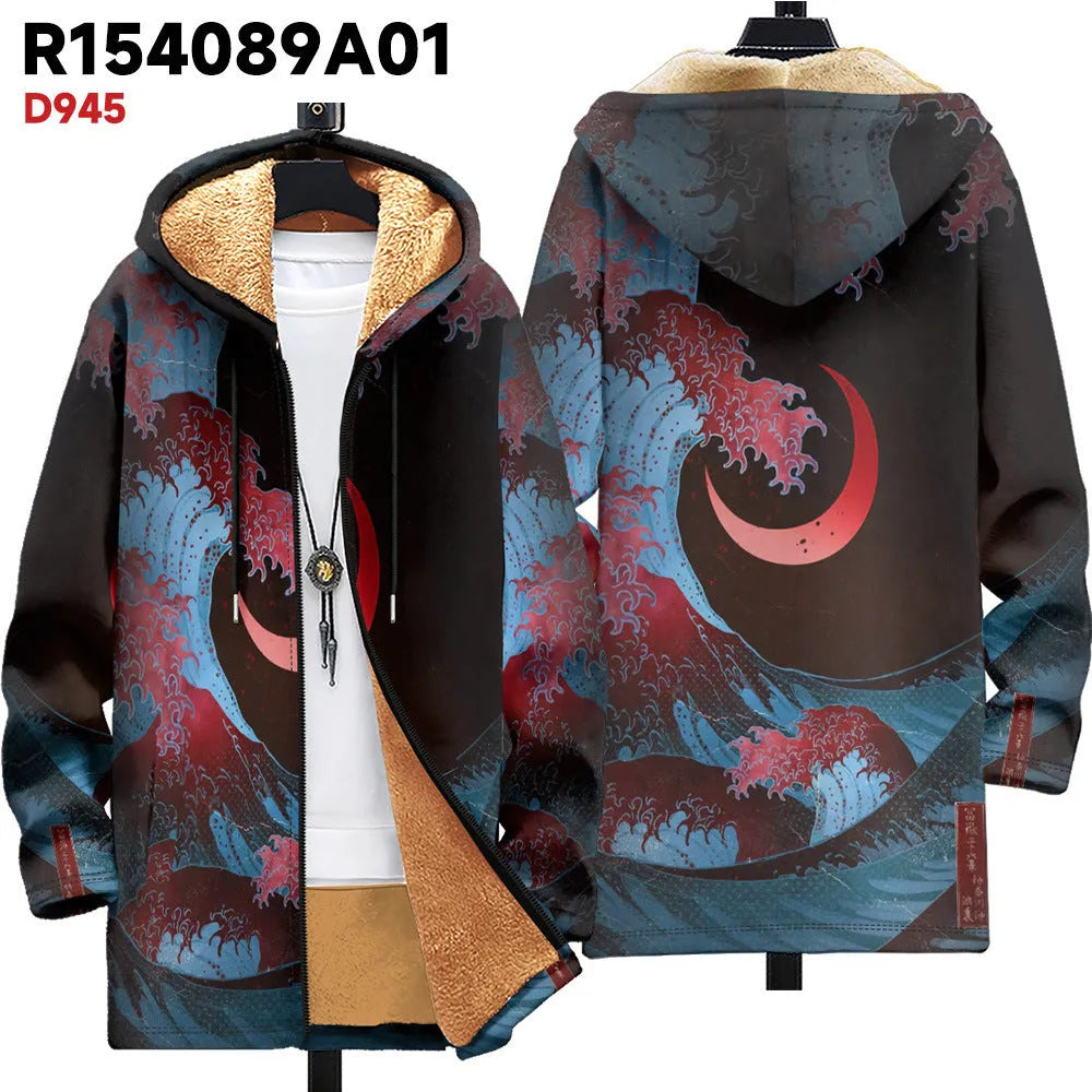 Man wearing a loose-fit zip-up hooded cardigan with a multicolour digital print pattern.