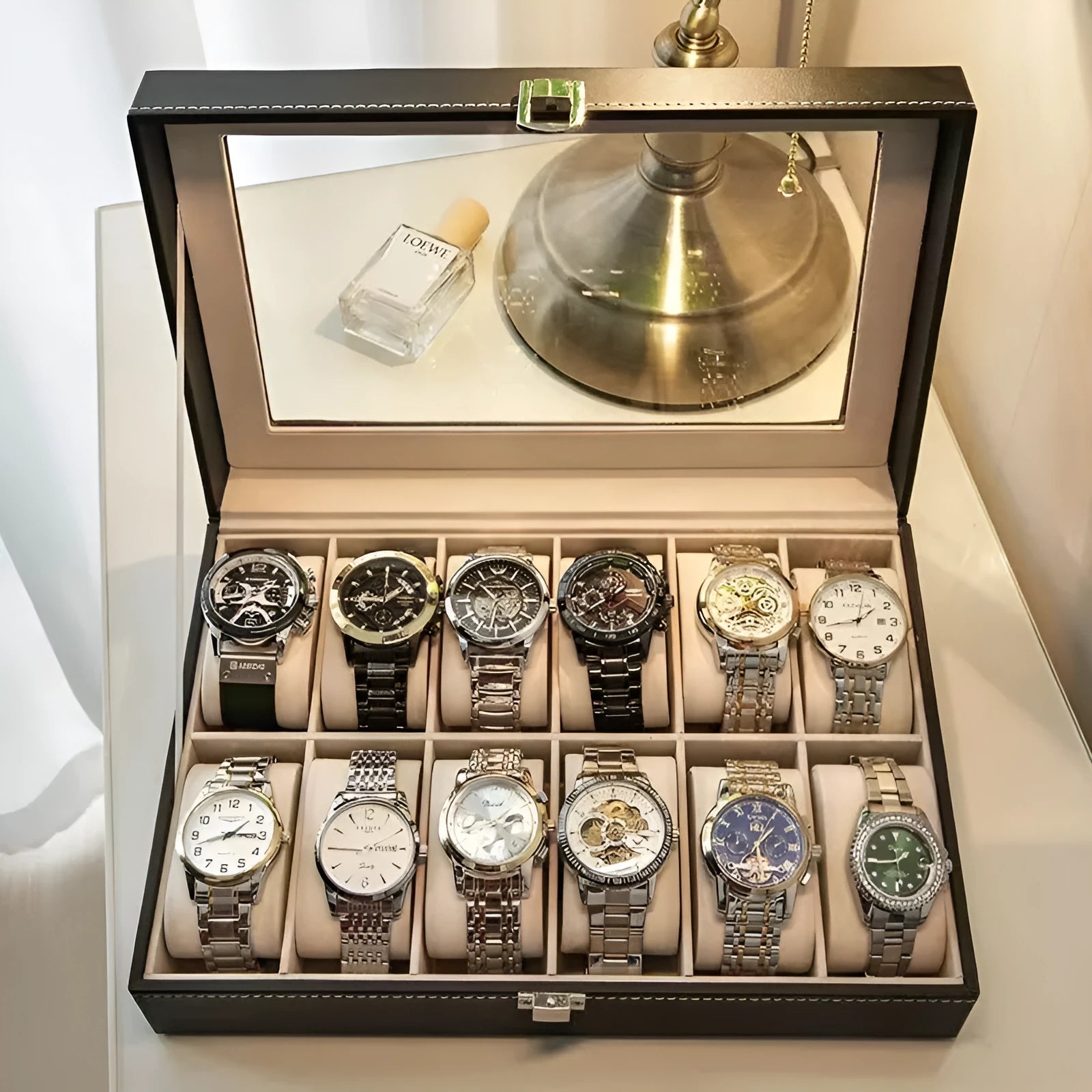Grey high-grade leather watch storage box with a dustproof transparent lid, shown in a multi-capacity display.