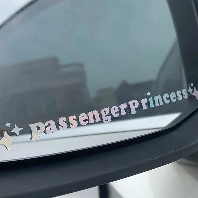 Passenger Princess decorative vinyl sticker for car rearview mirror, 12.5cm size in multiple colour options.
