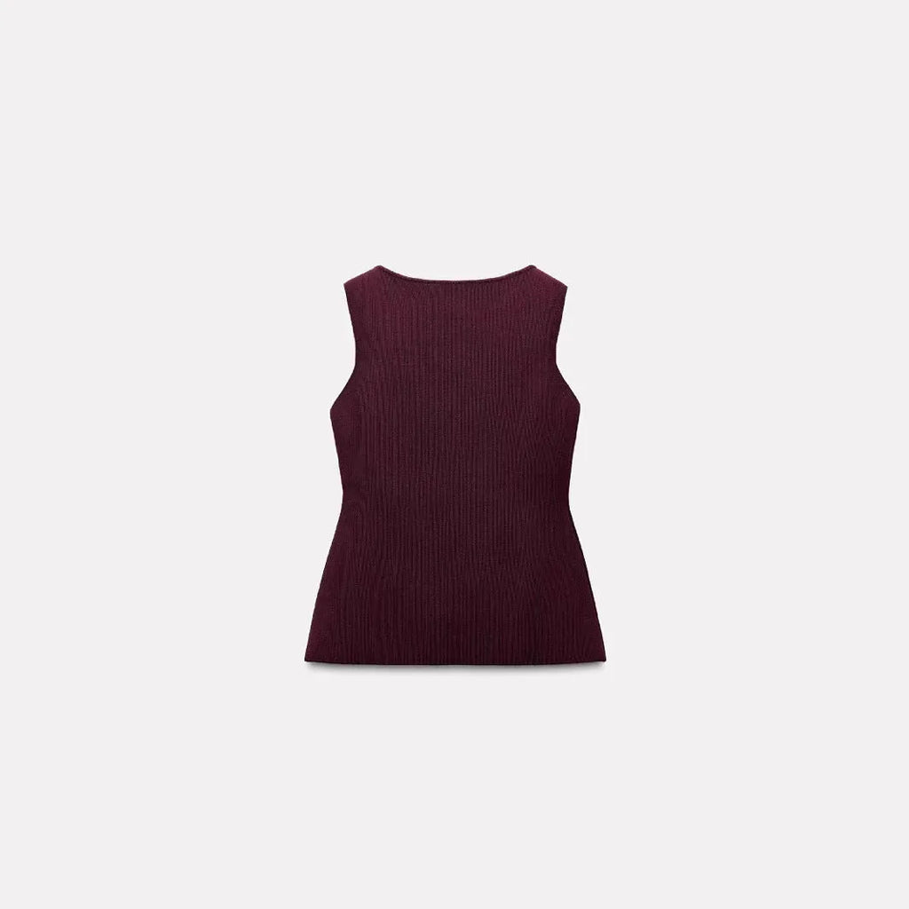 Dark red slim-fit men's sweater vest with gold buttons and a 3D textured pattern.