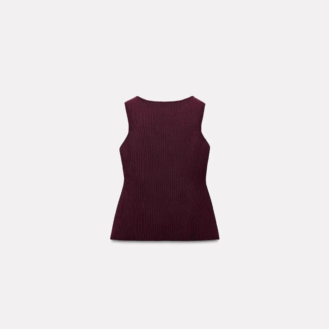 Dark red slim-fit men's sweater vest with gold buttons and a 3D textured pattern.