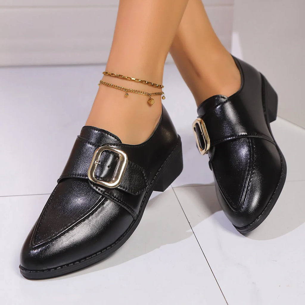 Women's British-style leather shoes with decorative bow on pointed toe, available in three bow style variations