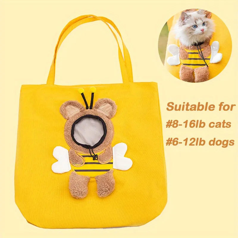 Little Bee Design canvas pet carrier shoulder bag with safety zippers and an adjustable elastic head opening for a cat or small dog.
