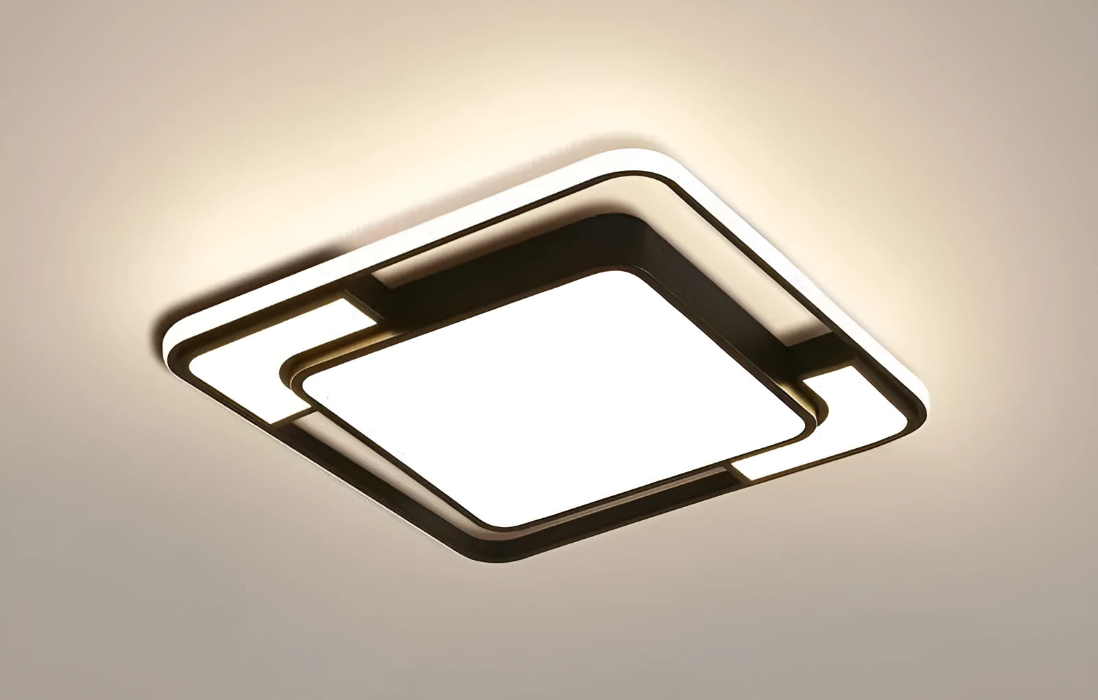 White square LED ceiling lamp with a PVC shade and iron frame, dimensions 42cm by 42cm.