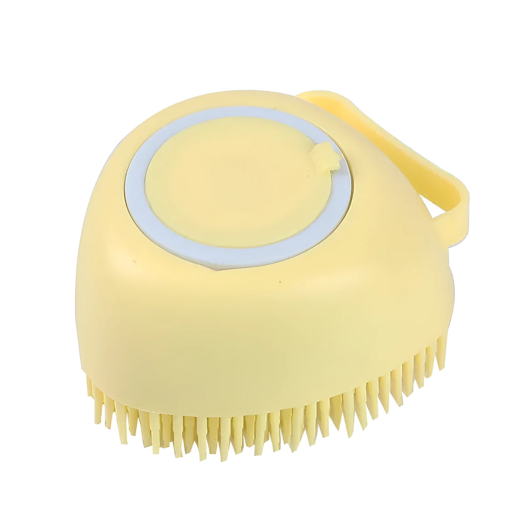 Blue silicone dog bath brush with handle for pet washing and massage during grooming