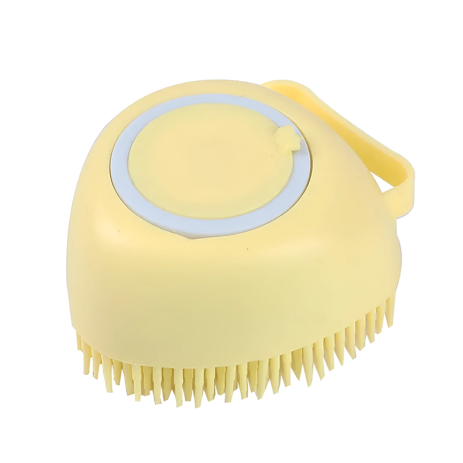 Blue silicone dog bath brush with handle for pet washing and massage during grooming