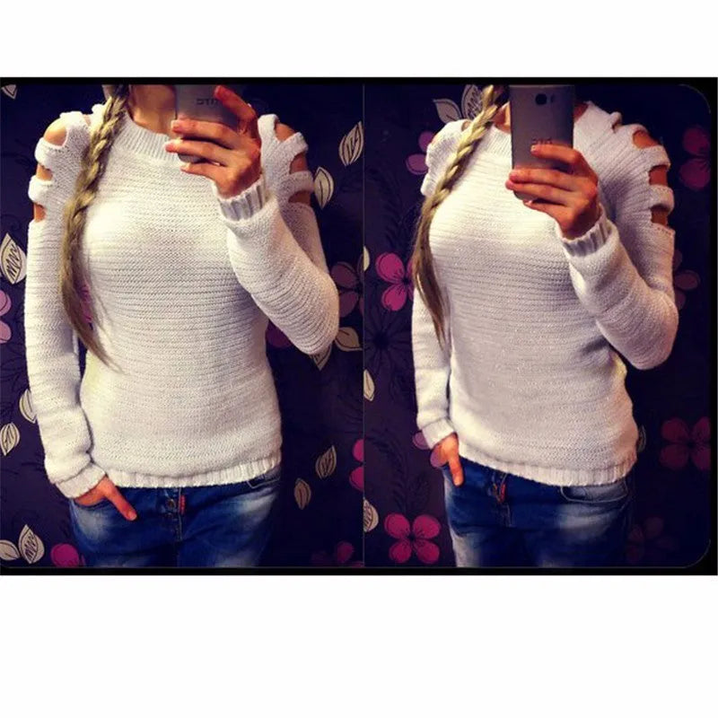White women's knitted shirt with hollow-out sleeves and round neck