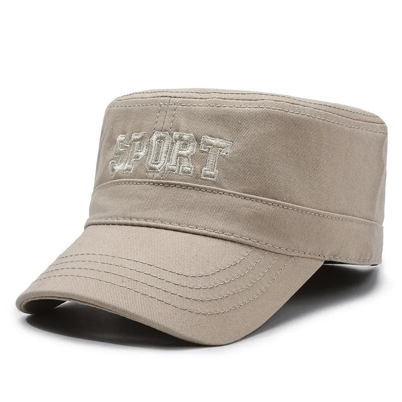 Men's adjustable cotton flat-top peaked cap in army green colour showing dome crown