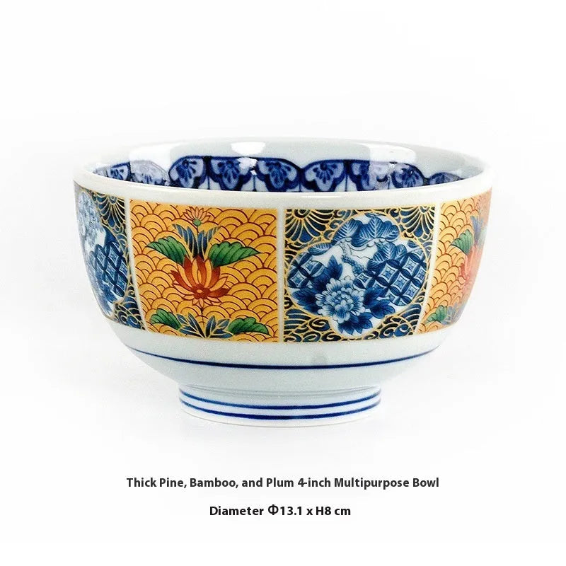 Japanese style ceramic bowl with retro peony pattern and underglaze surface finish