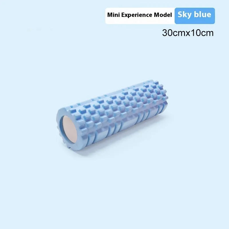 EVA foam roller for fitness in black, grey, pink, sky blue, or light purple, showing size options.