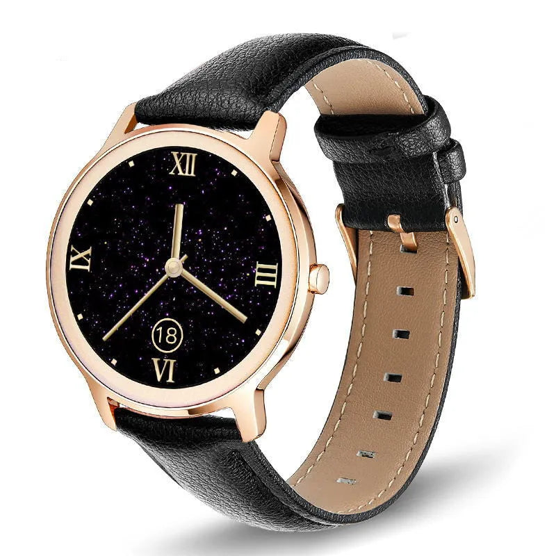 Women's waterproof smart watch with 1.3 inch touchscreen and stainless steel mesh band in rose colour