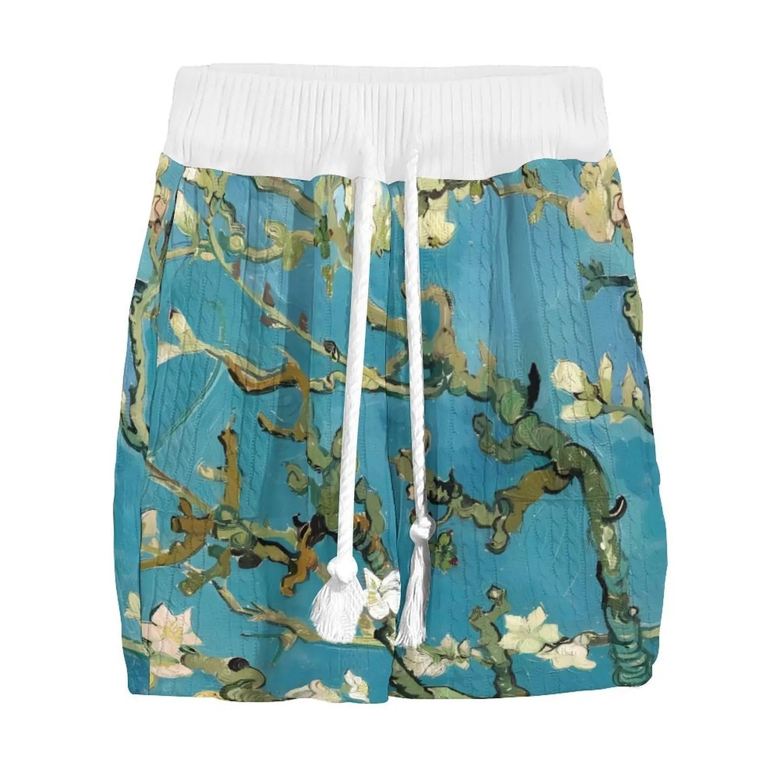 Men's peacock blue knitted shorts suit with 3D printed design showing front view of complete leisurewear set