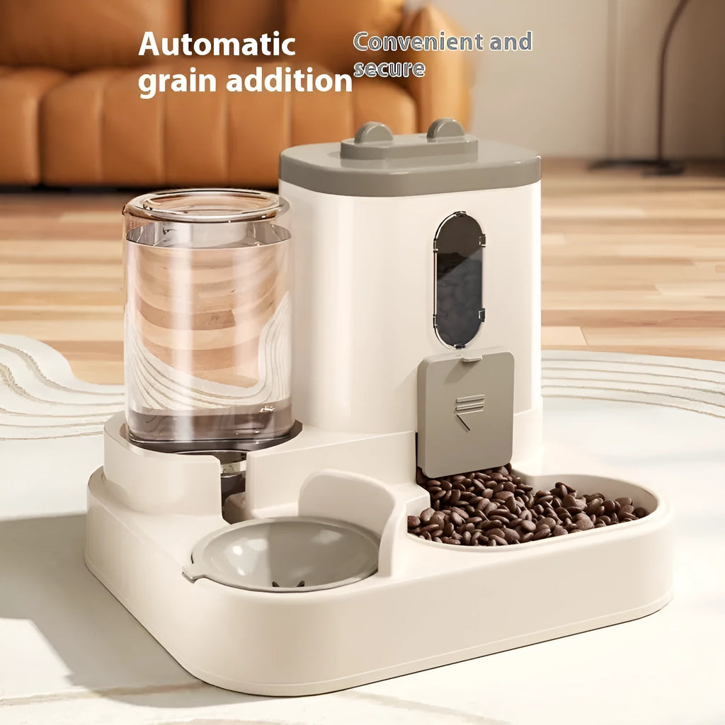 Automatic pet feeder with water dispenser in grey, second generation slide cover, plastic construction for dogs and cats