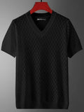 Men's ice silk T-shirt in black and white with V-neck and round neck options showing Korean-style design