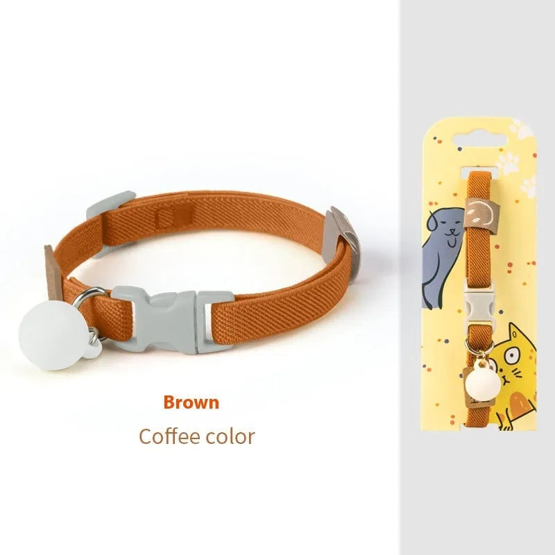 Small dog elastic polyester pet collar in seven colour options showing yellow, pink, and blue examples