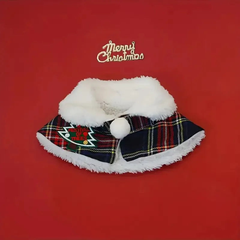 Festive pet scarf with holiday pattern in red and blue colours, shown draped as a winter accessory