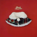 Festive pet scarf with holiday pattern in red and blue colours, shown draped as a winter accessory