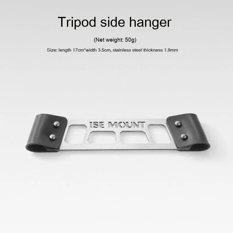 Silver aluminium foldable triangle camping clothes drying rack with side hanger and multiple hooks.