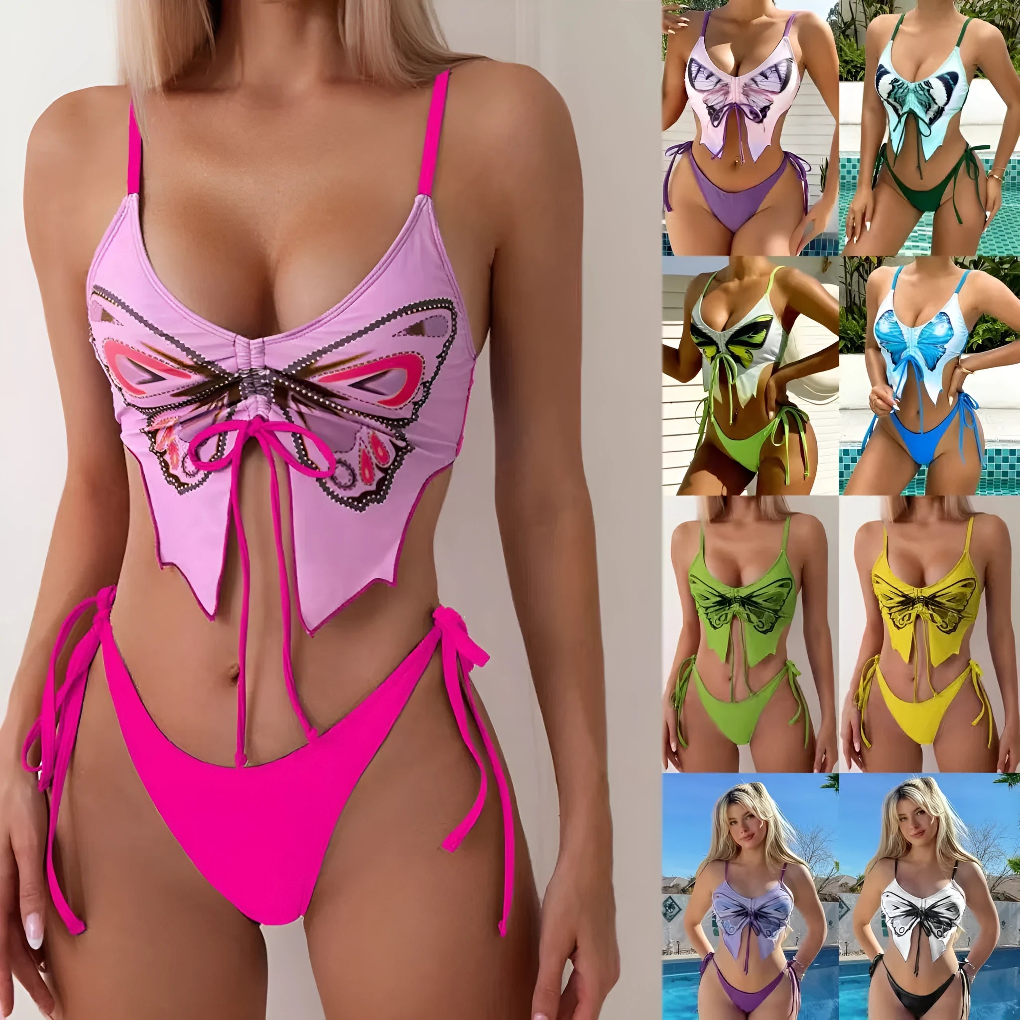 Women's sleeveless split bikini set with bow detail in multiple colour options
