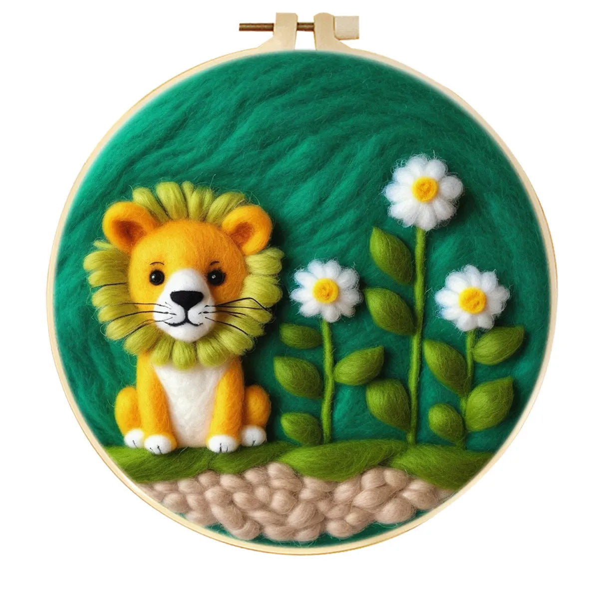 Round linen embroidery kit with wool felt pieces for 3D flowers and leaves, includes a free frame.